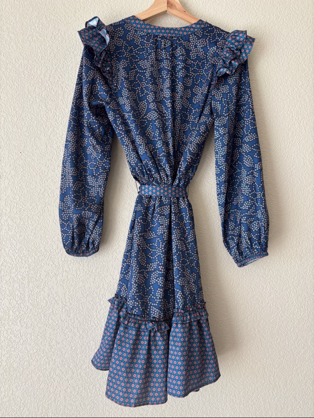 Current Air Navy Blue Printed Long Sleeve Ruffle Tie-Waist Dress- NWT - Picture 5 of 6